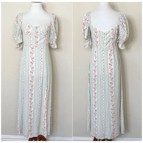 WeWoreWhat Sage Green Pink‎ Victorian Floral Stripe Puff Sleeve Corset Dress - Picture 6 of 15